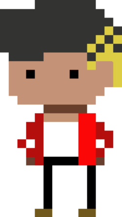 A pixel art illustration of Gunther. A black man with short black hair with a blonde highlight on the side, wearing a red jacket and black pants.